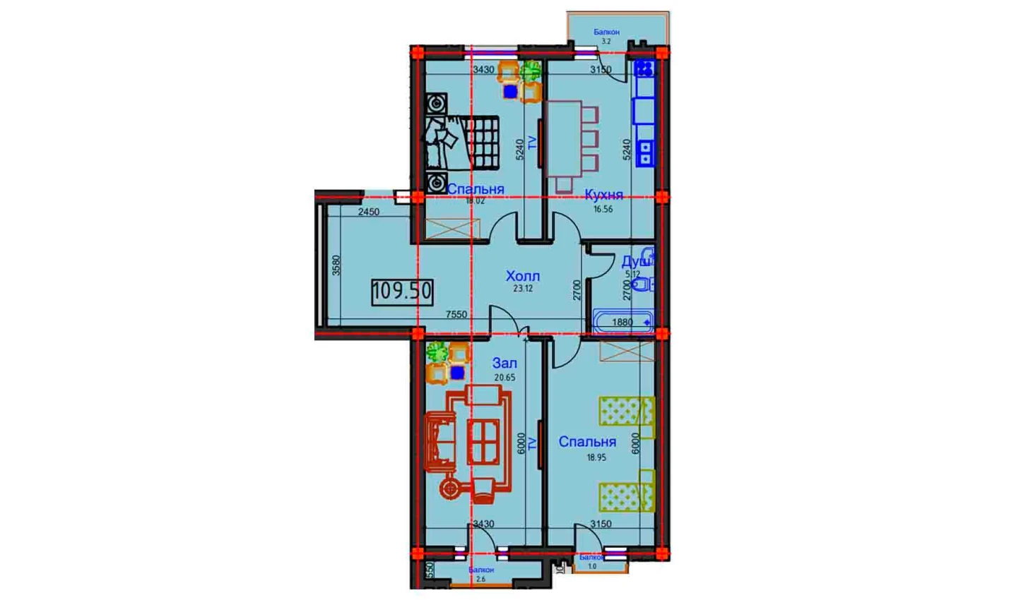 3-комнатная квартира 109.5 м²  4/4 этаж