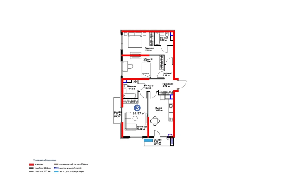 3-комнатная квартира 92.97 м²  8/8 этаж