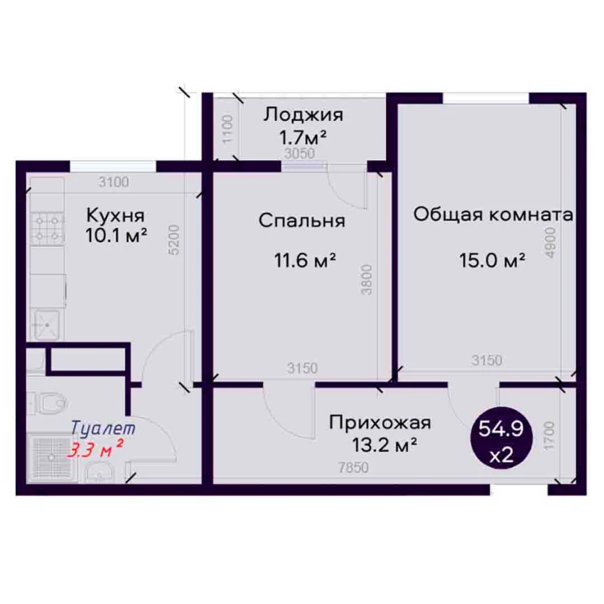 2-комнатная квартира 54.9 м²  7/7 этаж