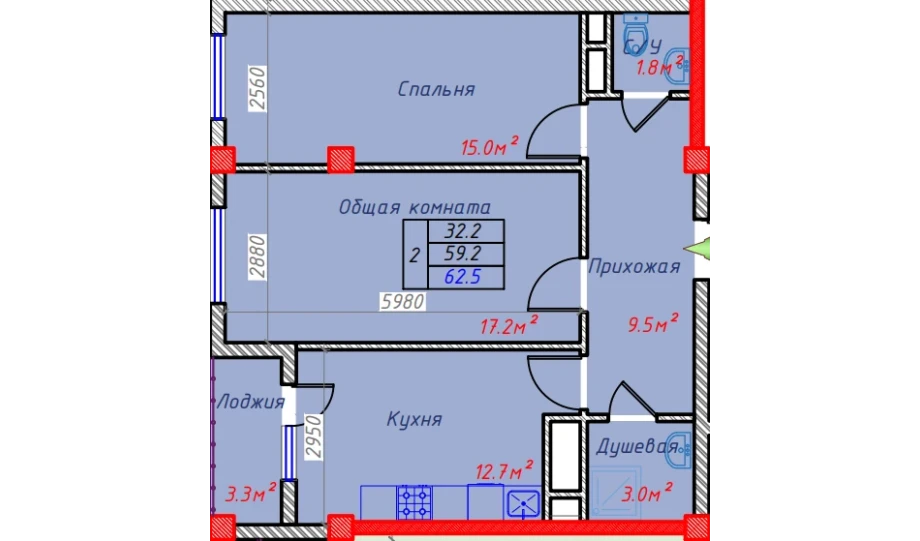 2-xonali xonadon 62.5 m²  4/4 qavat