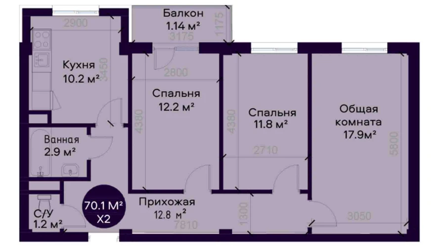 3-комнатная квартира 70.1 м²  3/3 этаж