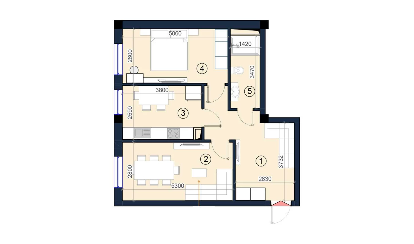 2-комнатная квартира 60 м²  7/7 этаж