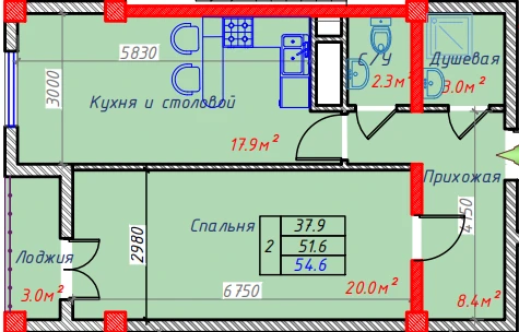 2-комнатная квартира 54.6 м²  8/8 этаж