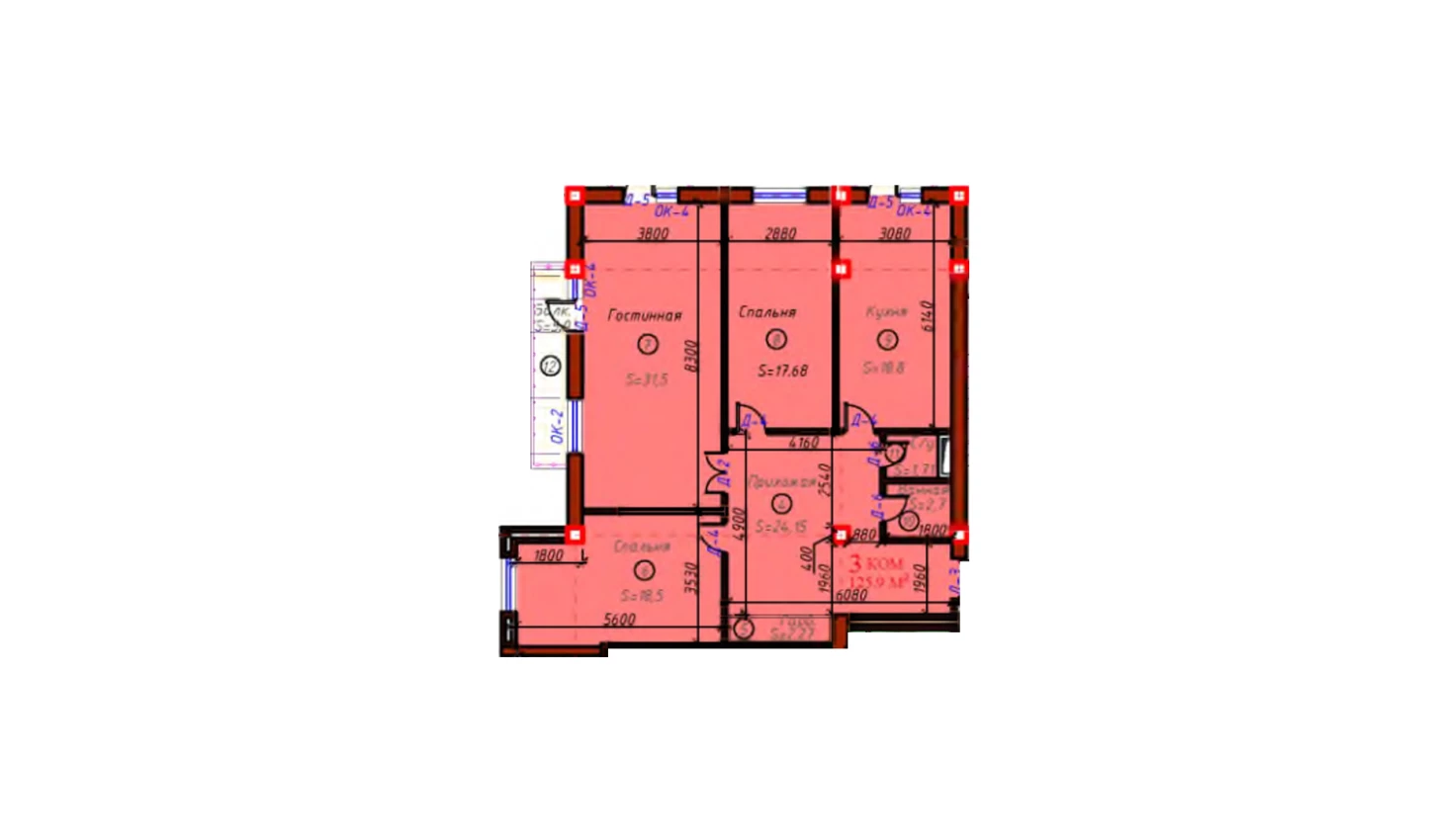3-комнатная квартира 125.9 м²  5/9 этаж