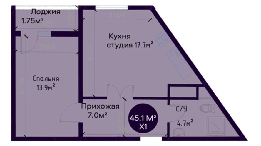 1-комнатная квартира 45.1 м²  3/3 этаж