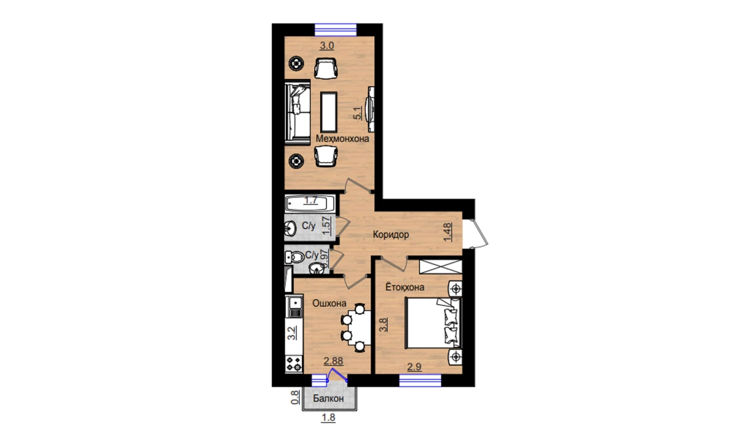 2-комнатная квартира 57.26 м²  3/3 этаж