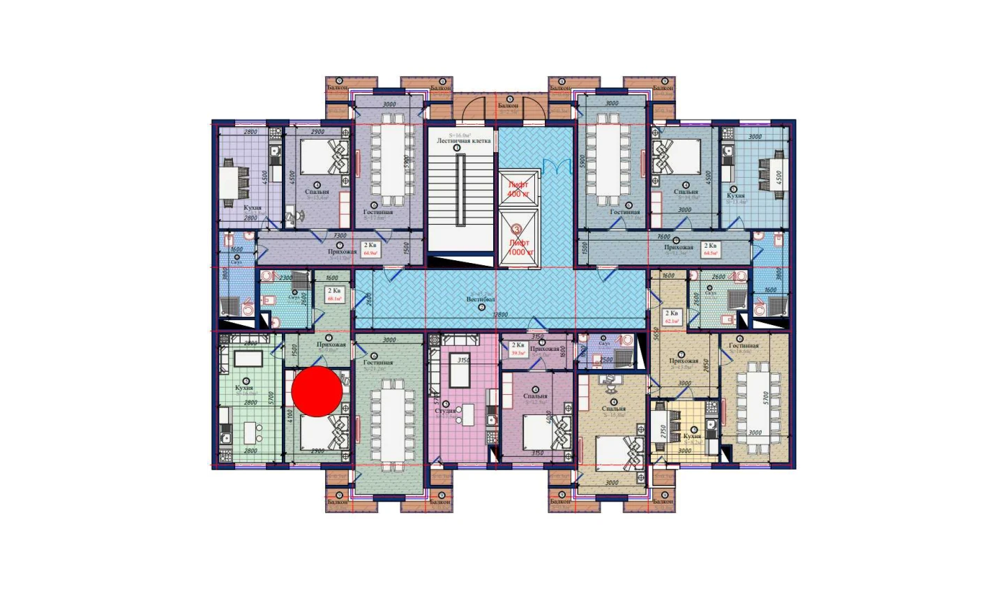 2-комнатная квартира 68.1 м²  3/3 этаж