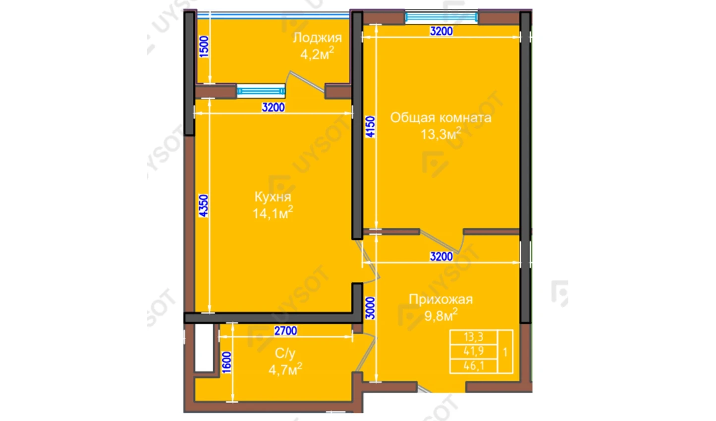 1-комнатная квартира 46.1 м²  2/2 этаж