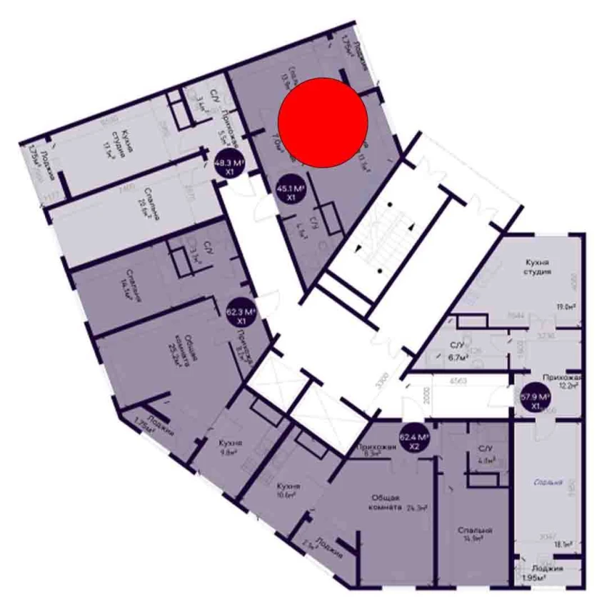 1-комнатная квартира 57.9 м²  4/4 этаж