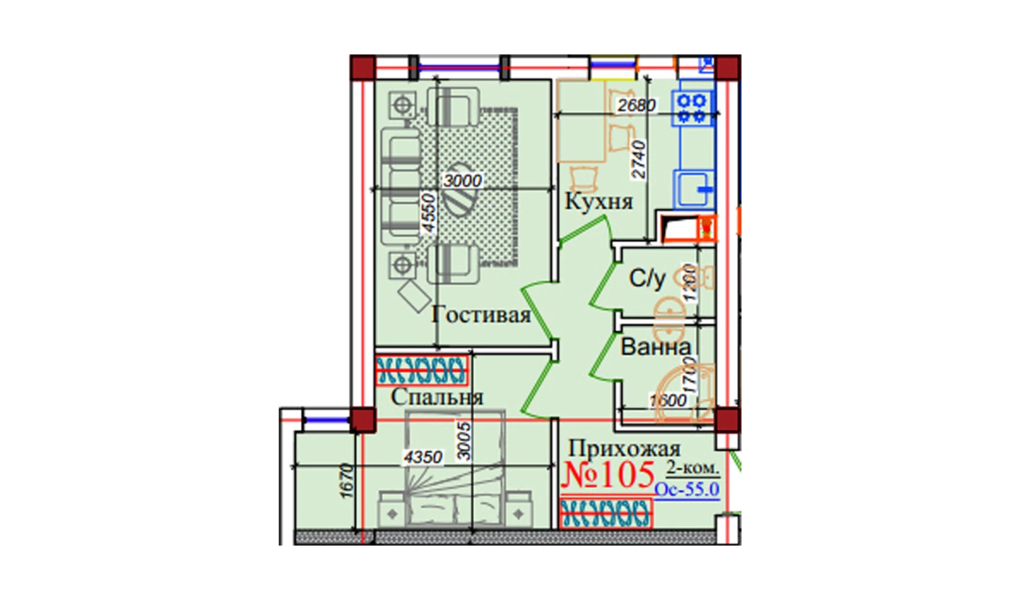 2-комнатная квартира 55 м²  6/6 этаж