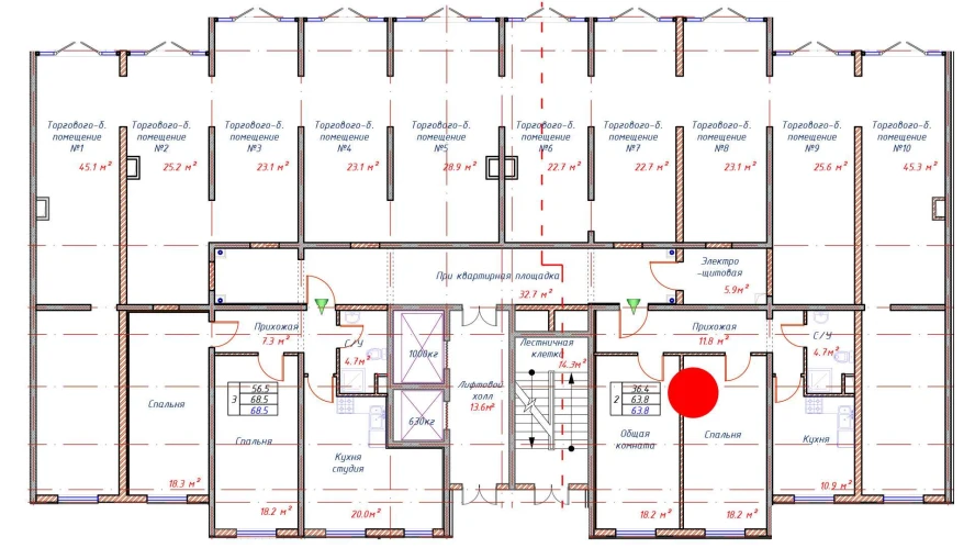 2-комнатная квартира 63.8 м²  1/1 этаж