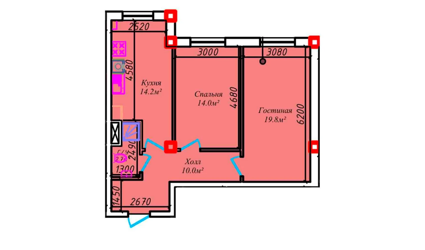 2-комнатная квартира 65.7 м²  1/1 этаж