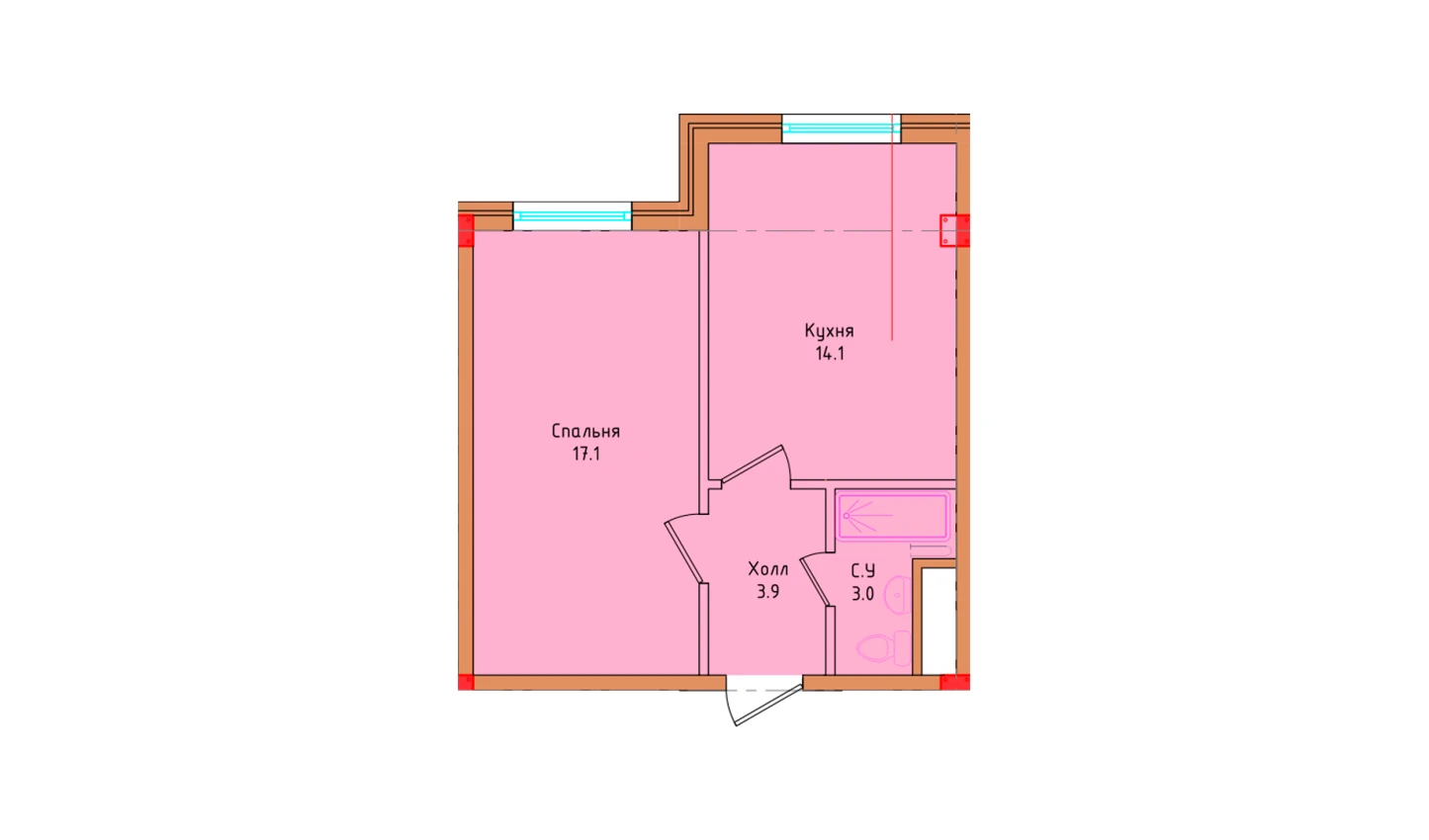 1-комнатная квартира 38.1 м²  1/1 этаж