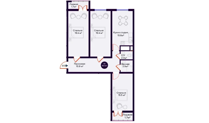 4-xonali xonadon 95.1 m²  14/16 qavat | Crystal Avenue Turar-joy majmuasi