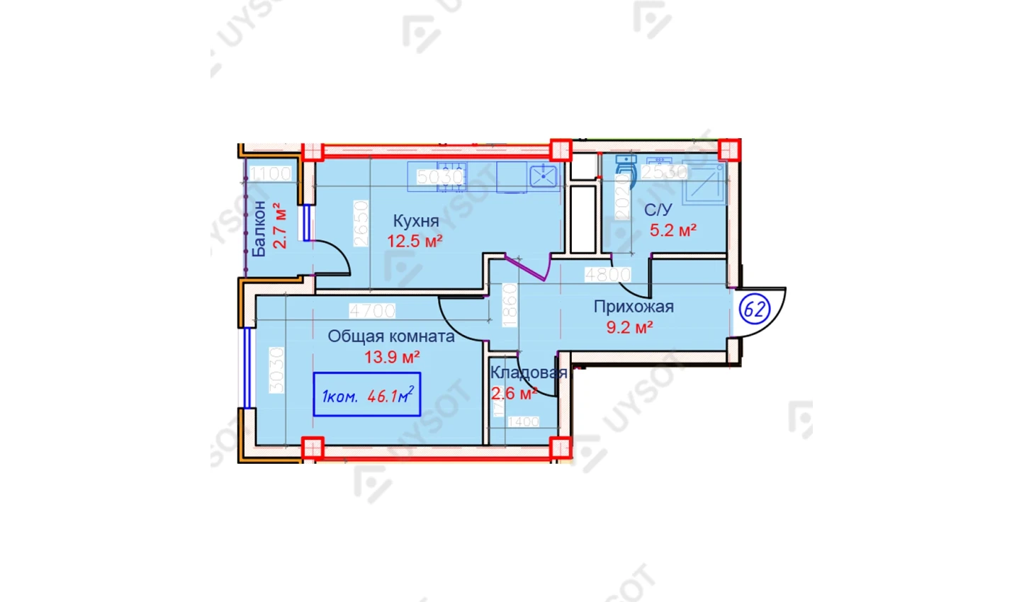 1-xonali xonadon 46.1 m²  8/8 qavat