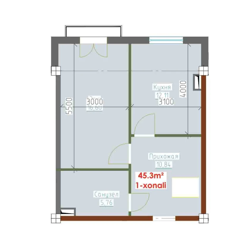 1-комнатная квартира 45.3 м²  8/8 этаж