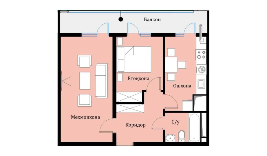 2-xonali xonadon 51.89 m²  16/16 qavat | SOKIN DIYOR Turar-joy majmuasi