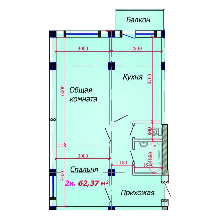 2-xonali xonadon 62.37 m²  7/9 qavat | VATAN Turar-joy majmuasi