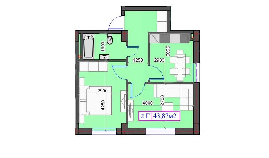 2-комнатная квартира 43.87 м²  0/0 этаж