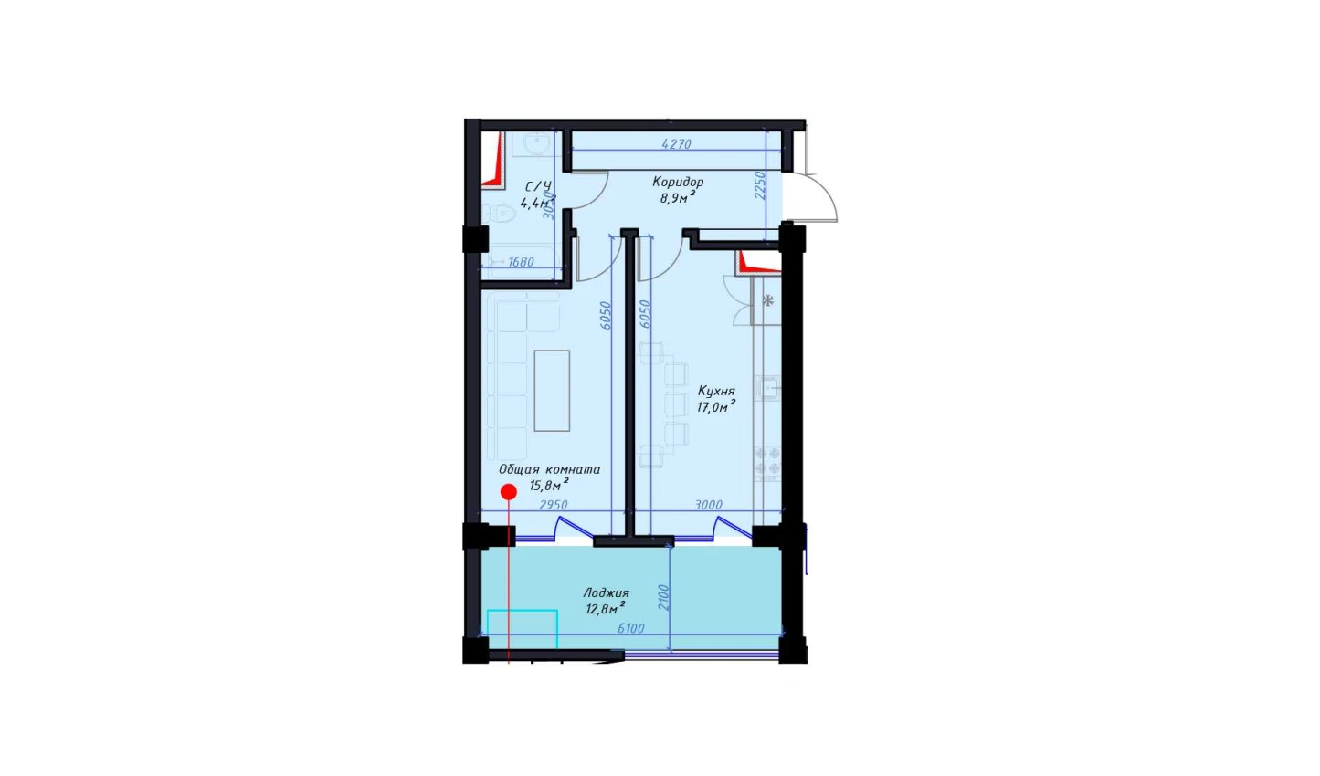 2-комнатная квартира 59 м²  8/8 этаж