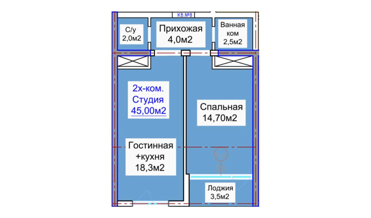 2-комнатная квартира 45 м²  3/3 этаж