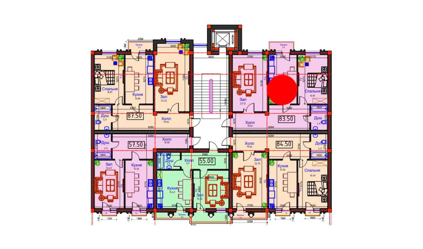 2-xonali xonadon 83.5 m²  8/8 qavat