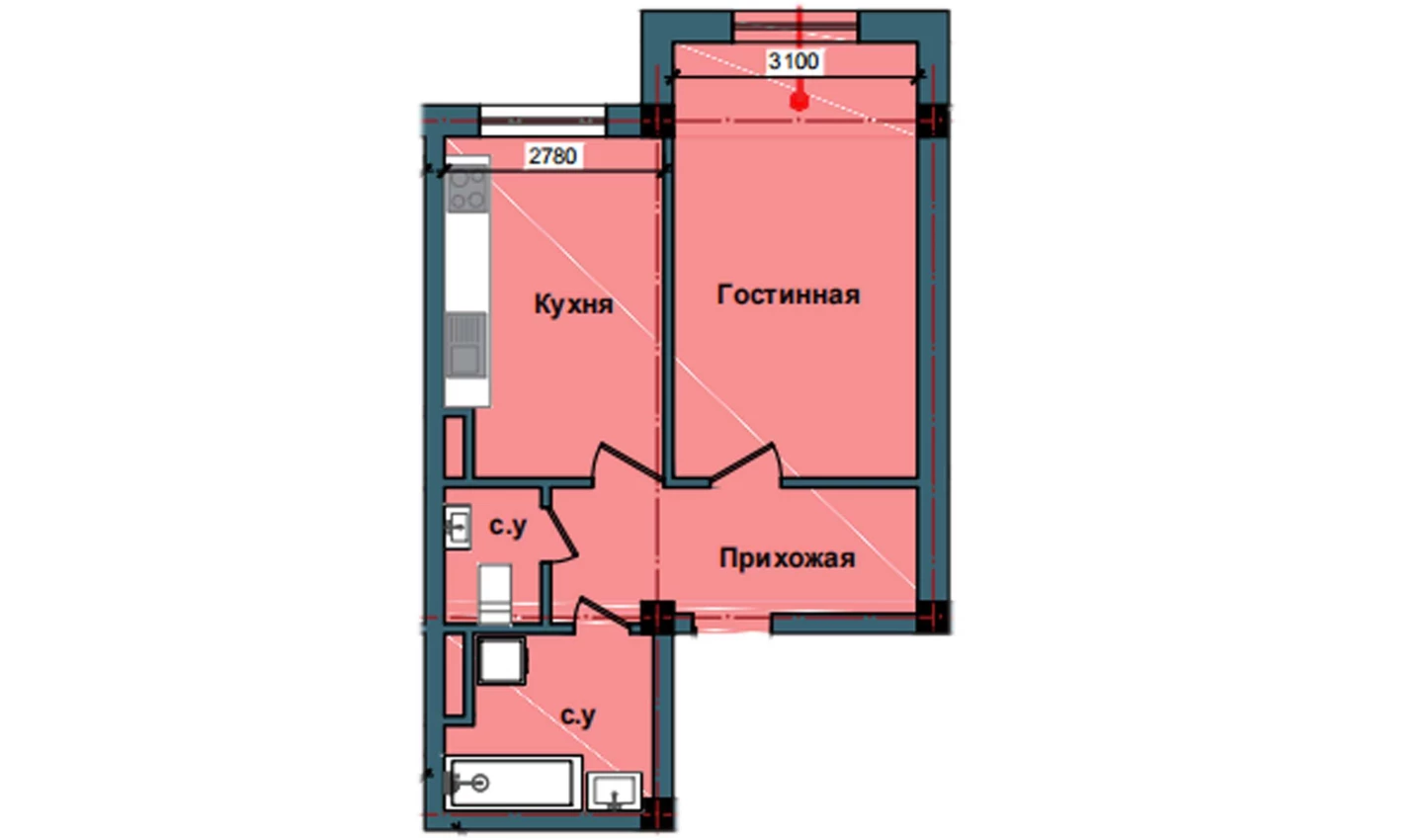 1-xonali xonadon 46.5 m²  2/2 qavat