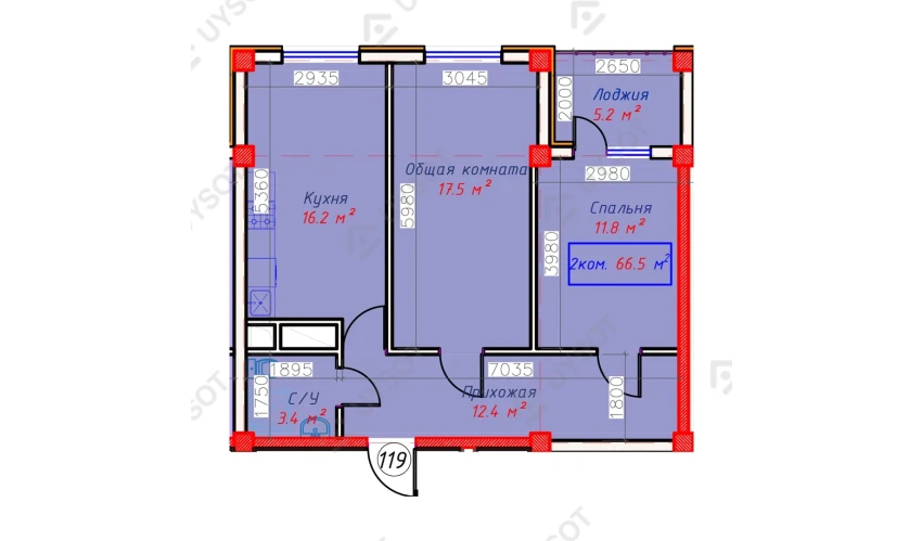 2-xonali xonadon 66.5 m²  2/2 qavat