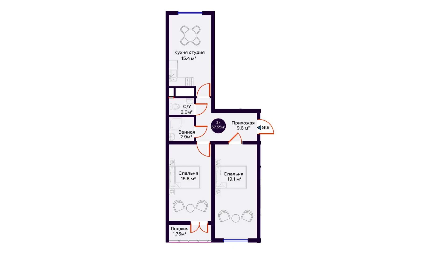 3-комнатная квартира 67.55 м²  14/14 этаж