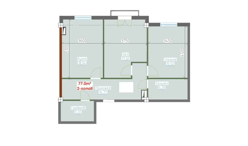 2-комнатная квартира 77 м²  4/9 этаж | Жилой комплекс YANGI AVLOD