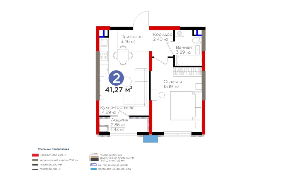 2-комнатная квартира 41.27 м²  6/6 этаж