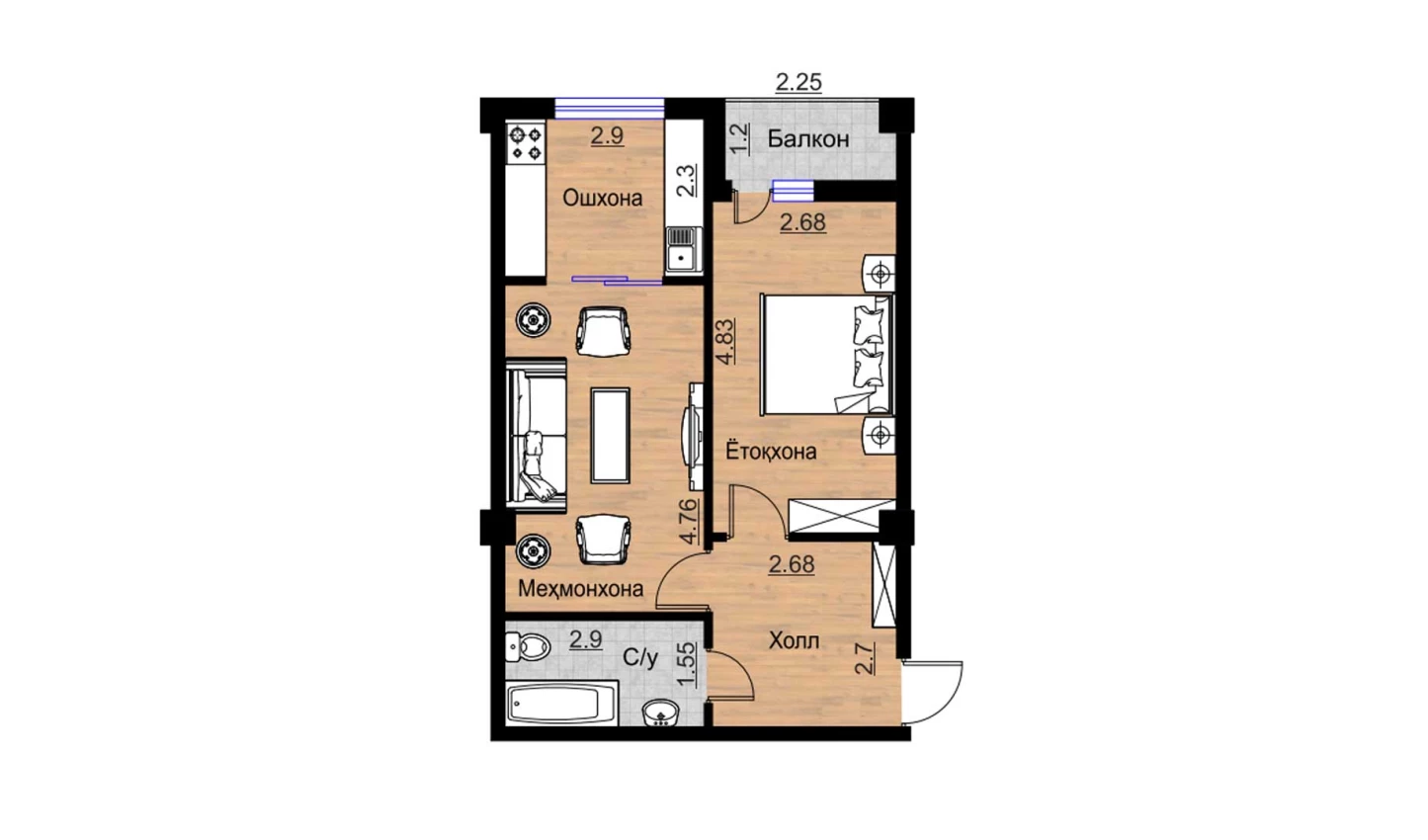 2-комнатная квартира 53.34 м²  5/5 этаж