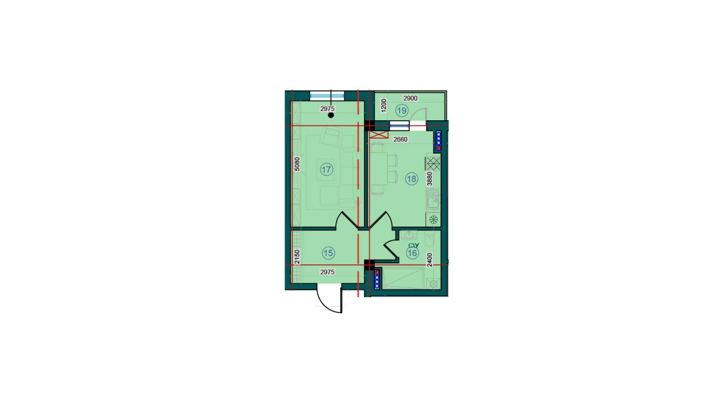 1-xonali xonadon 44.5 m²  6/7 qavat | Bristol Turar-joy majmuasi