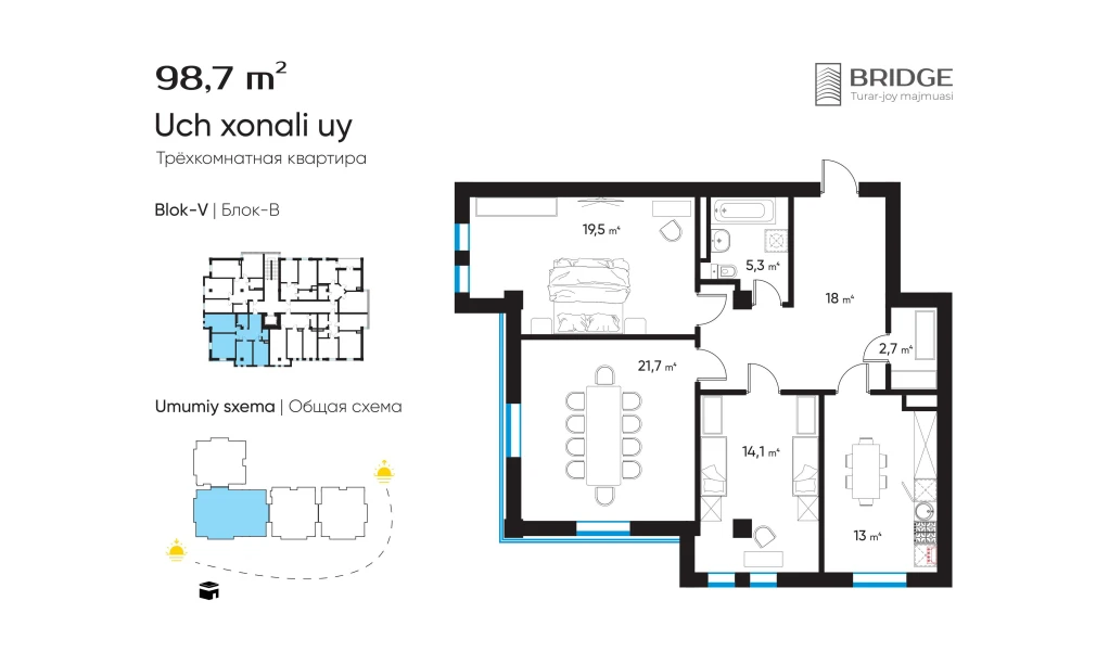 3-комнатная квартира 98.7 м²  7/7 этаж