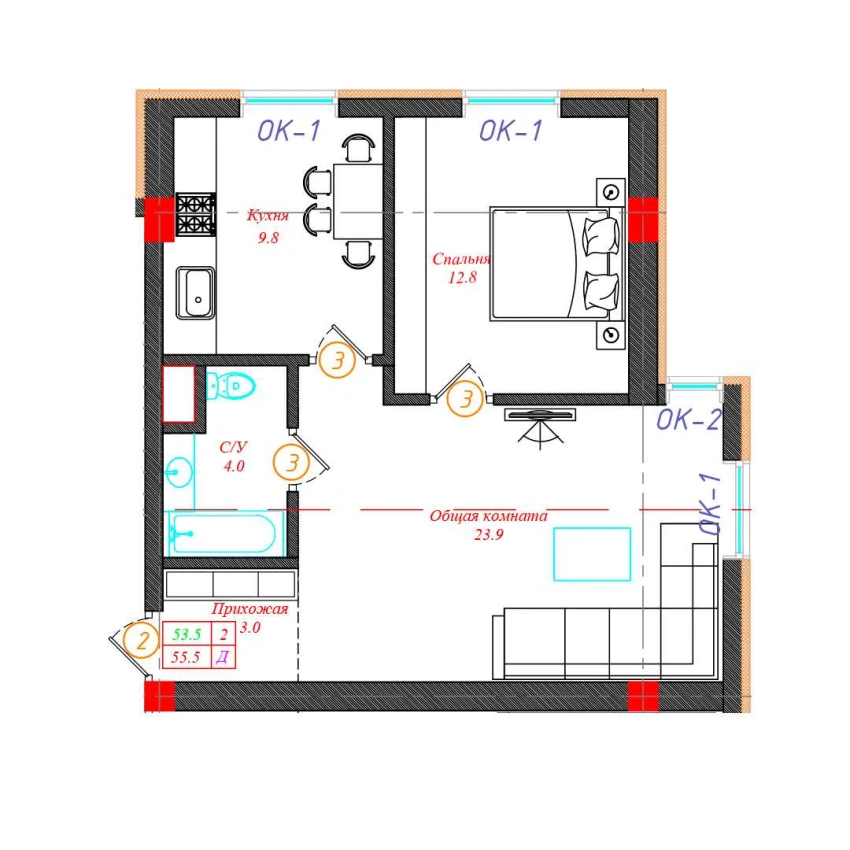 2-комн. квартира 55.5 м²  1/12 этаж | Жилой комплекс CHINARA PARK