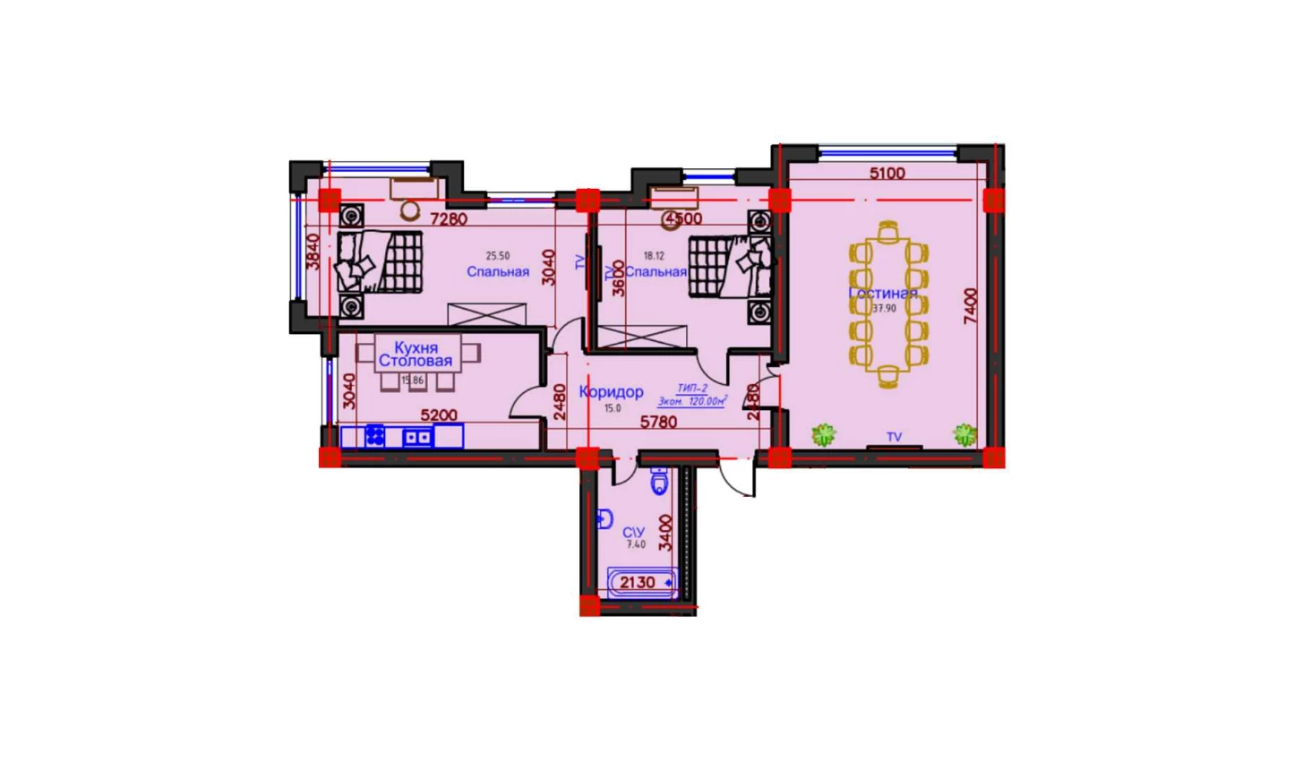 3-комнатная квартира 120 м²  1/1 этаж