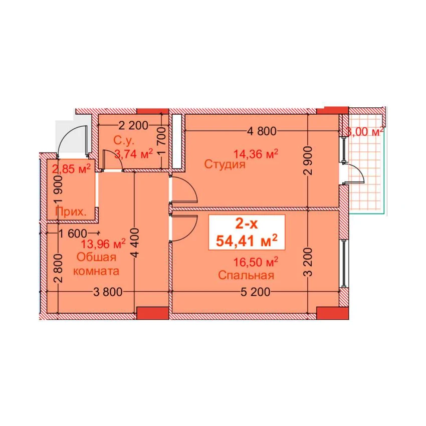 2-xonali xonadon 54.41 m²  8/8 qavat