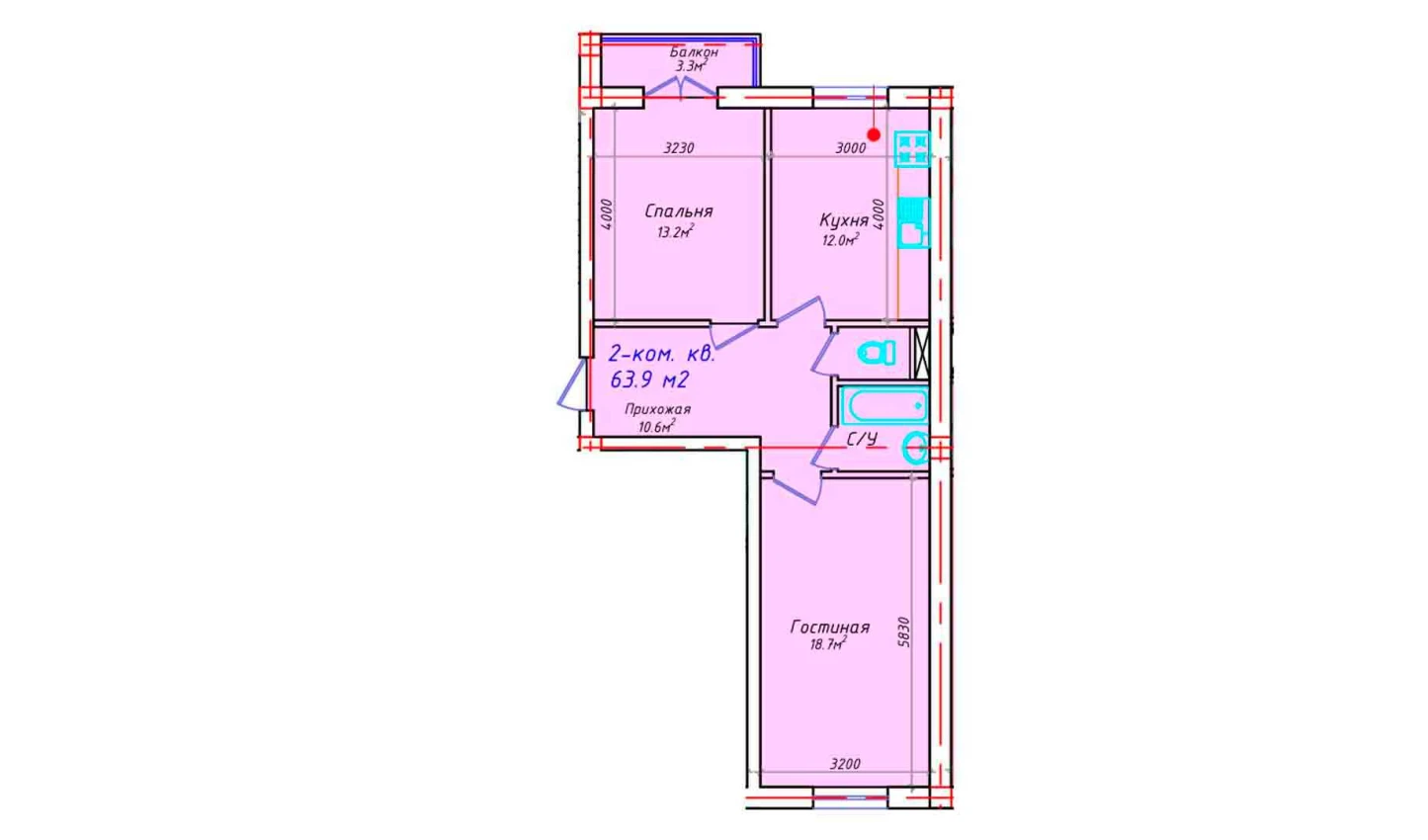 2-xonali xonadon 63.9 m²  4/4 qavat