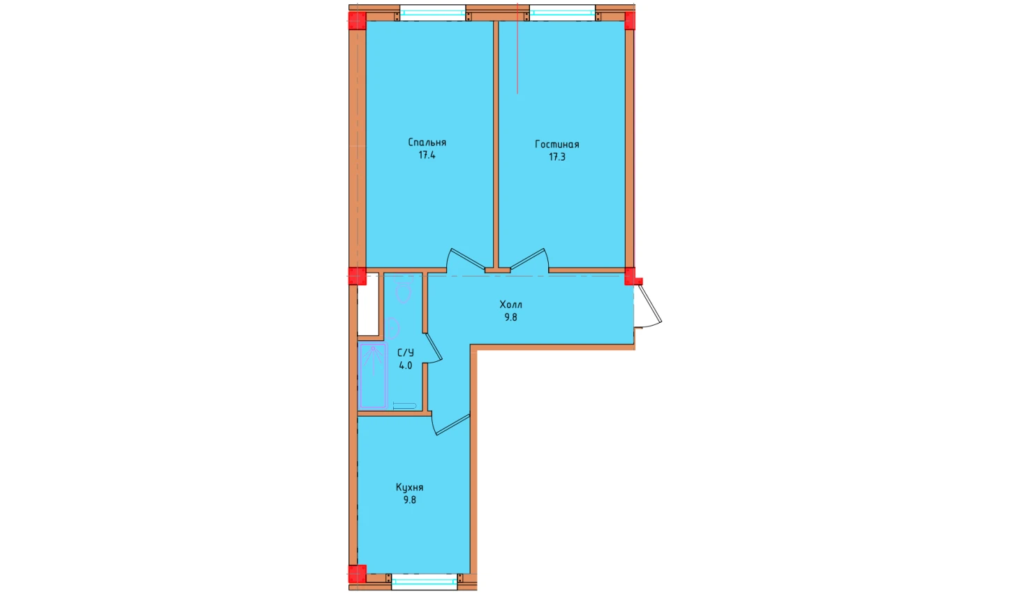 2-xonali xonadon 58.3 m²  1/1 qavat