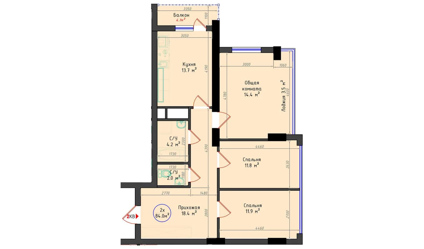 2-комнатная квартира 84 м²  3/3 этаж