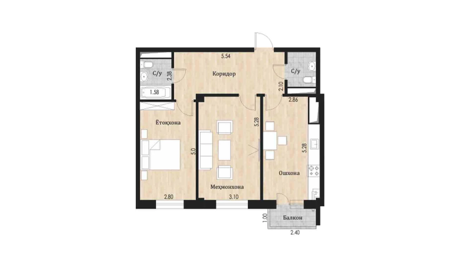 2-комнатная квартира 67.15 м²  3/3 этаж