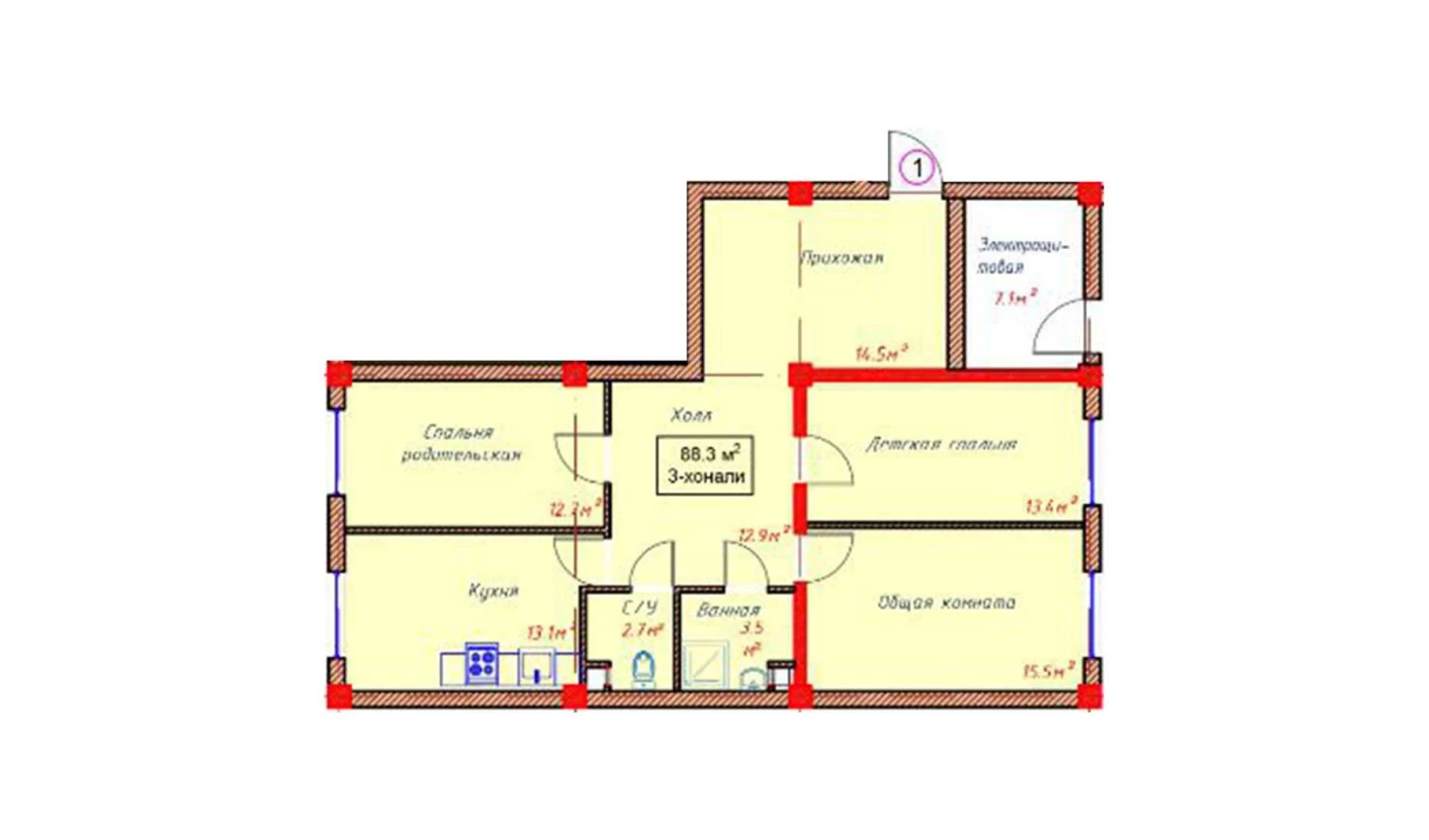 3-комнатная квартира 88.3 м²  1/1 этаж