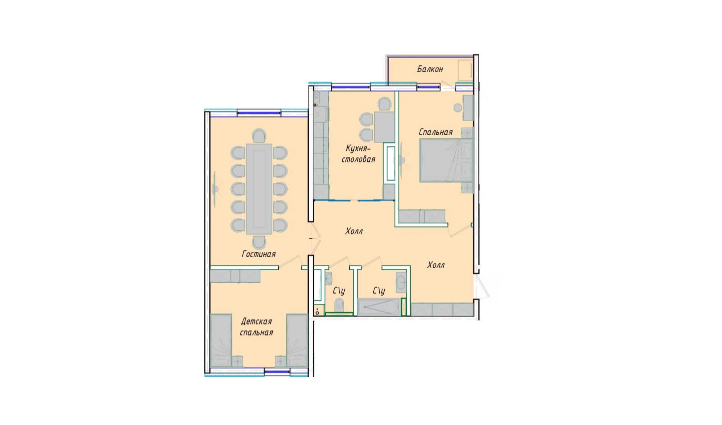 3-комнатная квартира 91.42 м²  12/12 этаж