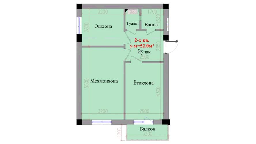 2-комнатная квартира 52 м²  8/8 этаж