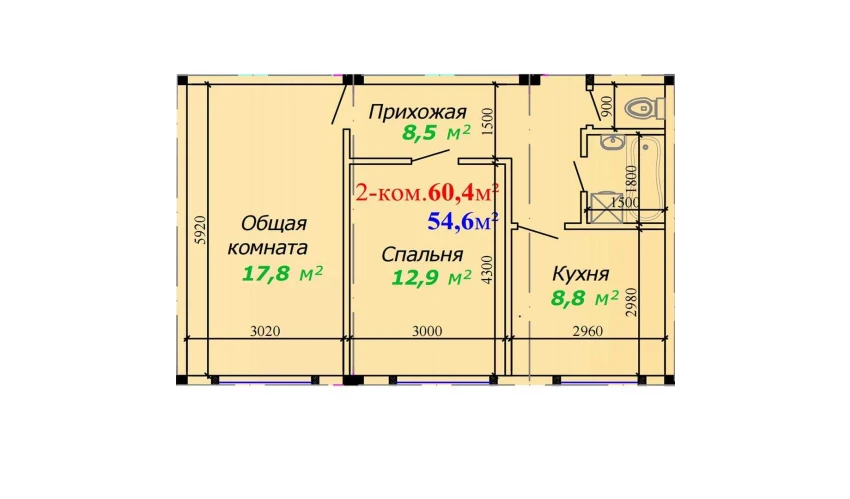 2-комнатная квартира 60.4 м²  1/7 этаж | Жилой комплекс Bunyodkor