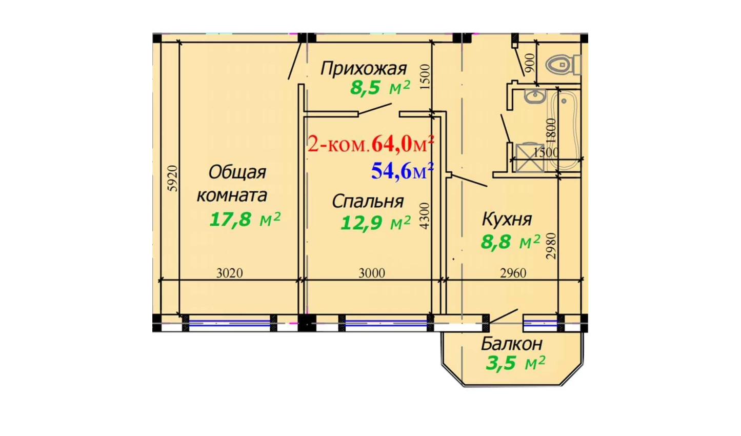 2-комнатная квартира 64 м²  2/2 этаж