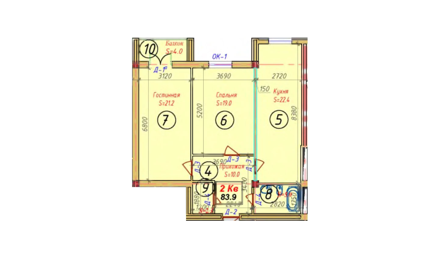 2-комнатная квартира 82.8 м²  8/8 этаж