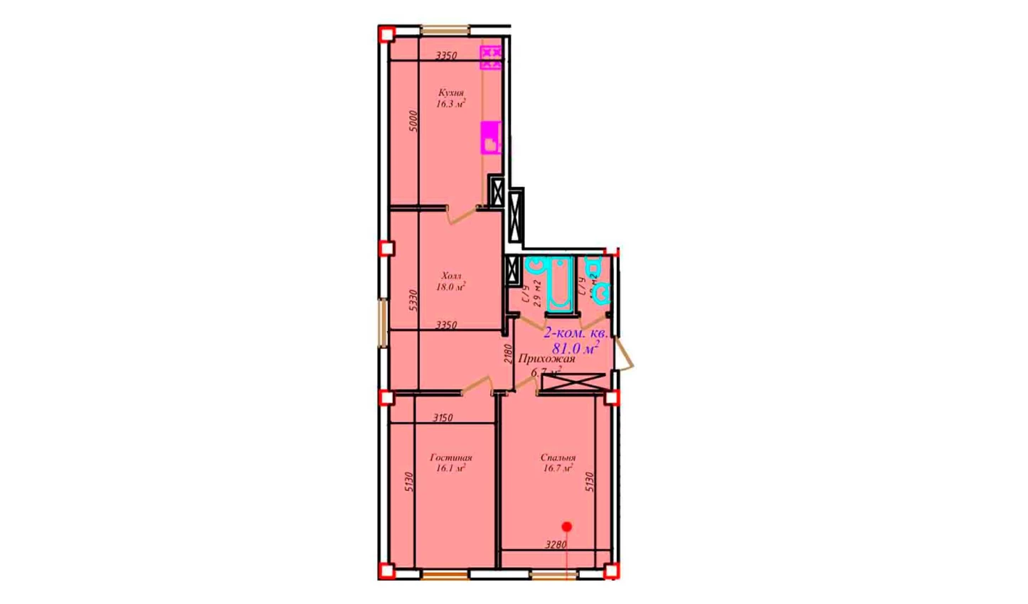 2-xonali xonadon 81 m²  1/1 qavat