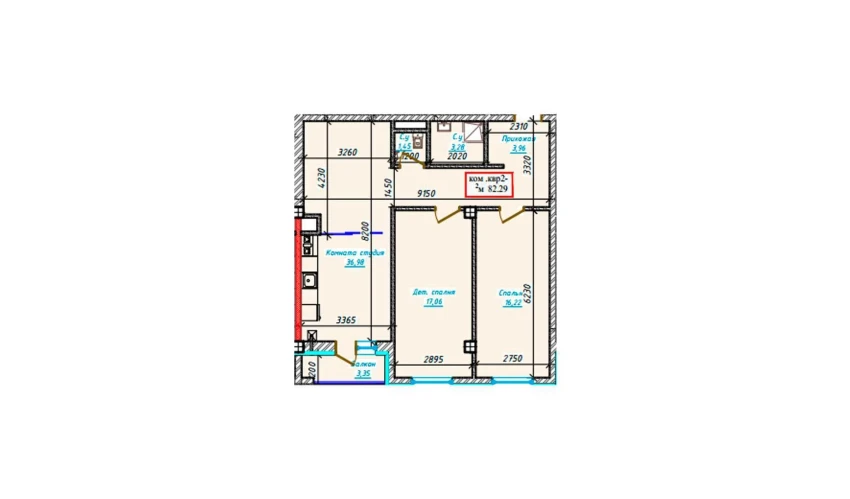 3-комнатная квартира 82.29 м²  7/7 этаж