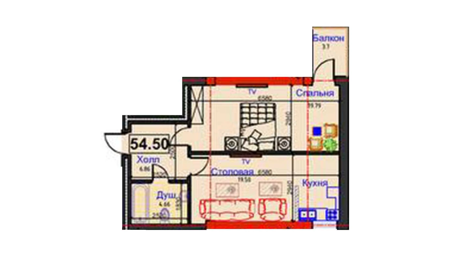 1-комнатная квартира 54.5 м²  4/4 этаж